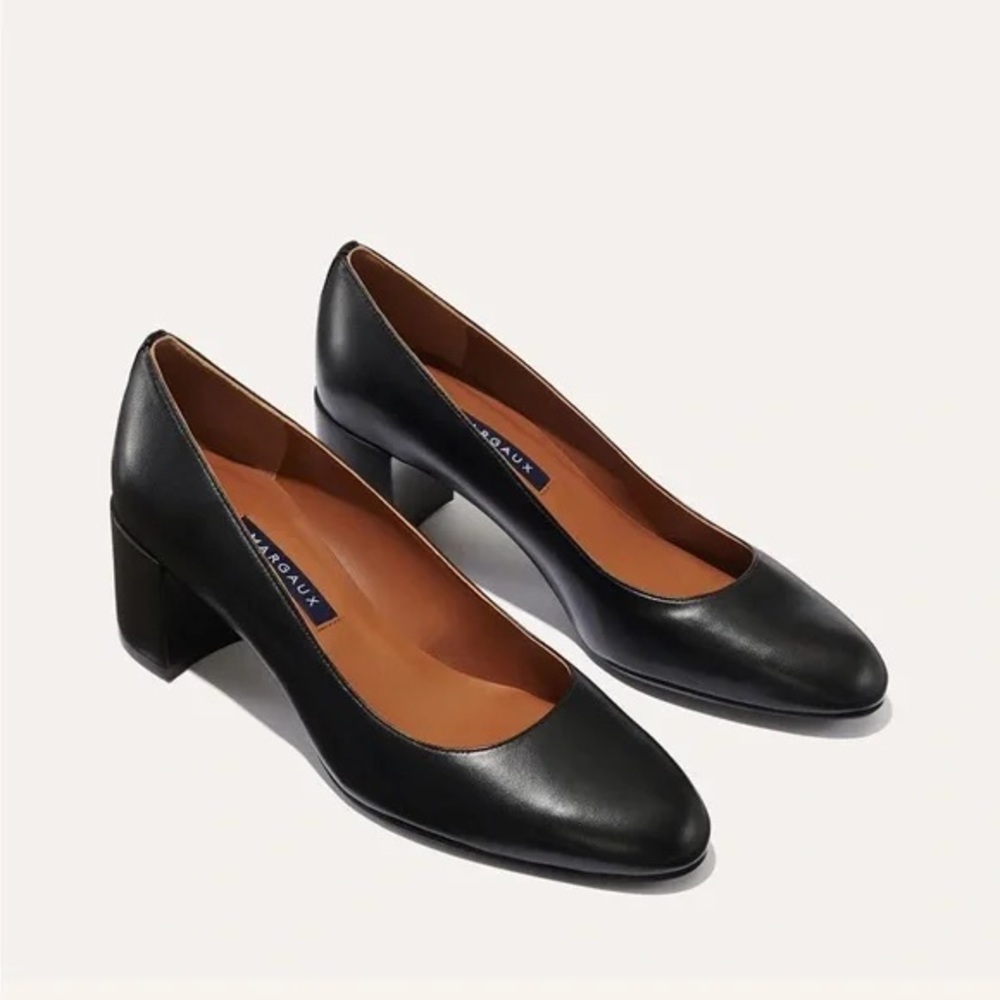 Margaux Black Leather Block Heel Pumps